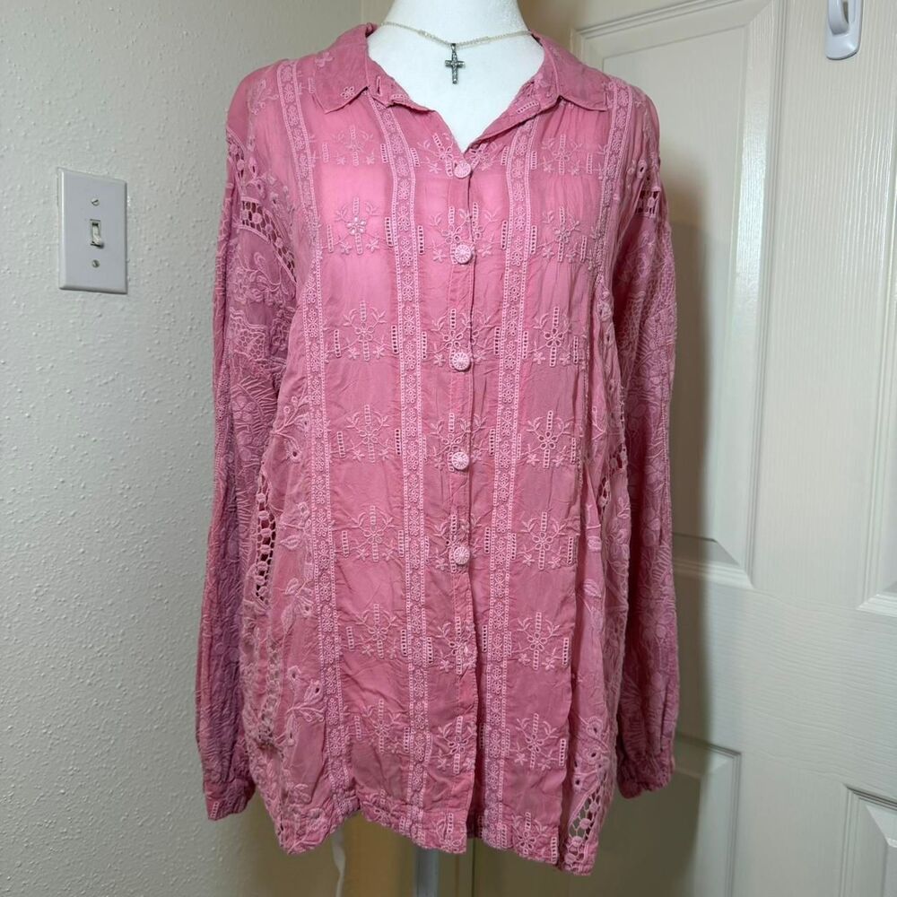 Johnny Was Pink Button Down Long Sleeve Blouse With Boho Floral Embroidery Sz S